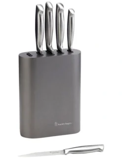 Oval Metallic Pewter 6 Piece Knife Block In Stainless Steel