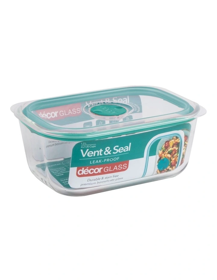 Vent & Seal 1L Glass Oblong Food Storage Teal 4 Vent & Seal 1L Glass Oblong Food Storage Teal - Image 2