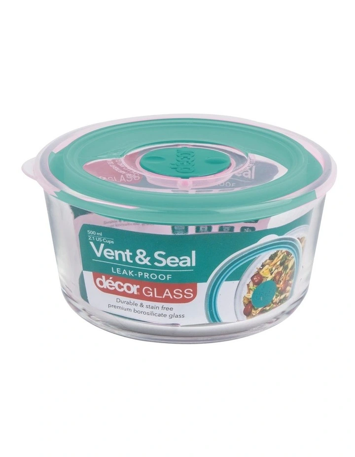 Vent & Seal 500ml Glass Round Food Storage Clear/Teal 4 Vent & Seal 500ml Glass Round Food Storage Clear/Teal - Image 2
