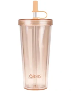 Oasis Double Wall Smoothie Tumbler With Straw 520ml In Peach